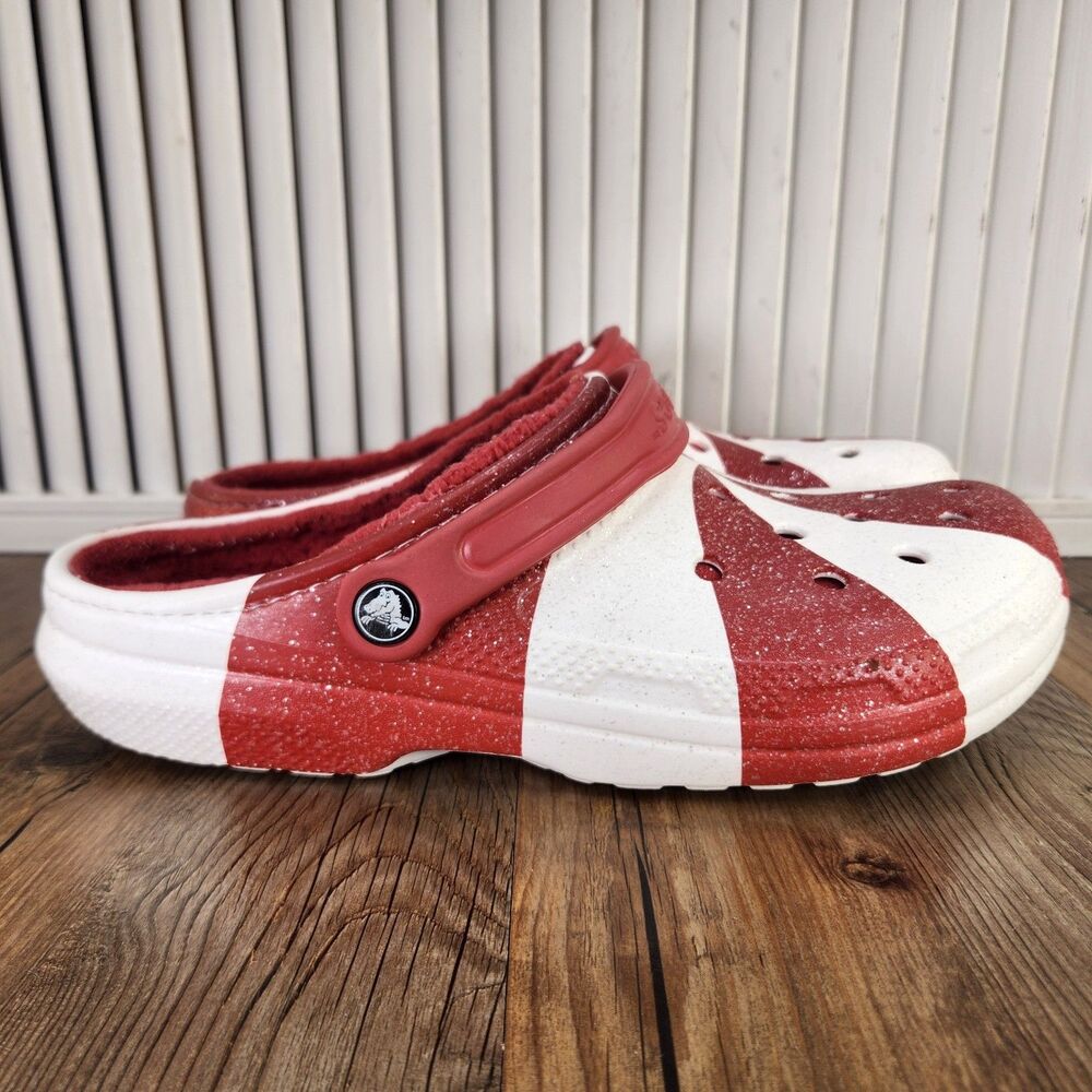 Crocs Classic Lined Holiday Clogs Mens Size 10 Peppermint Swirl Red White Shoes